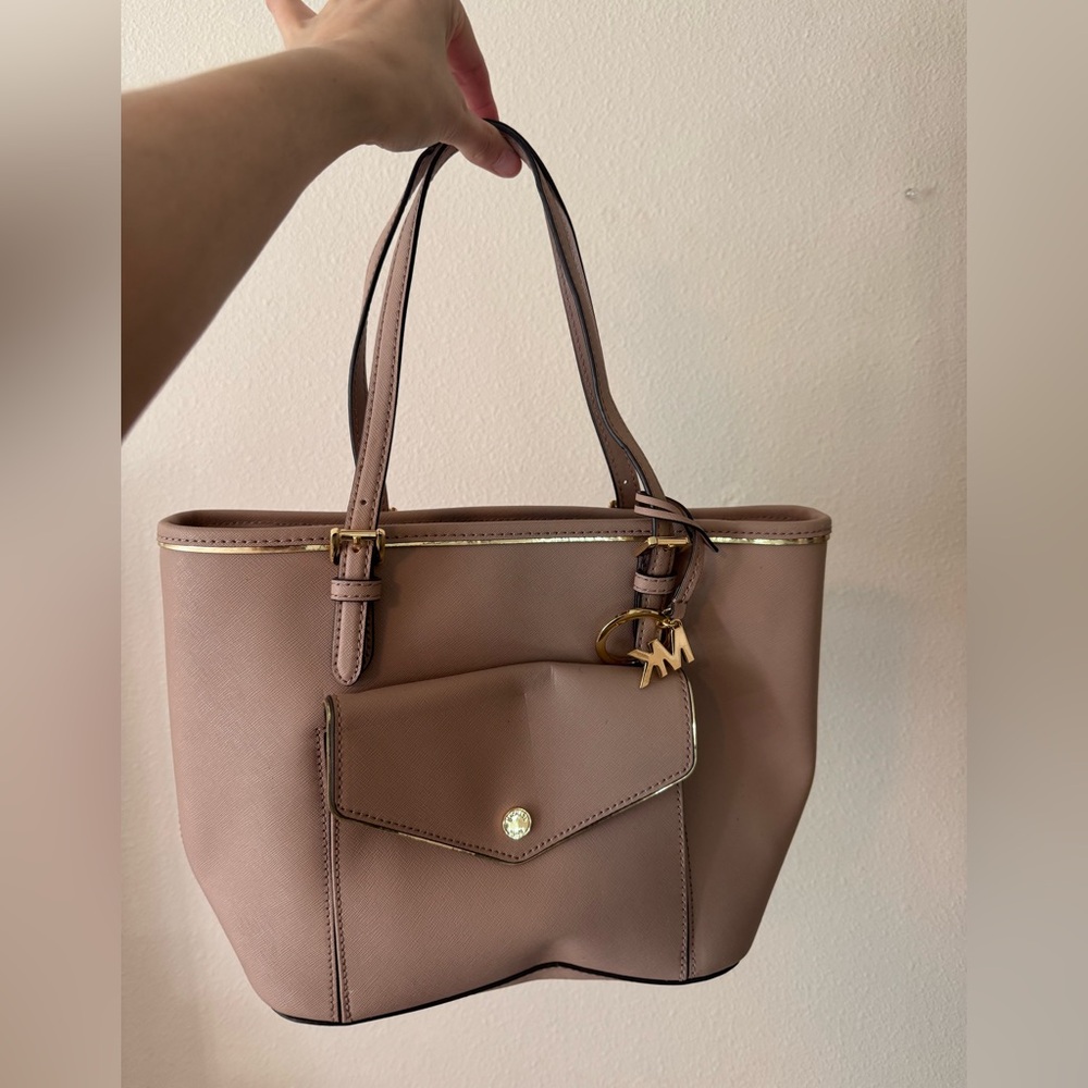 Michael Kors Dusty Pink Taupe Leather Tote with Gold Trim
